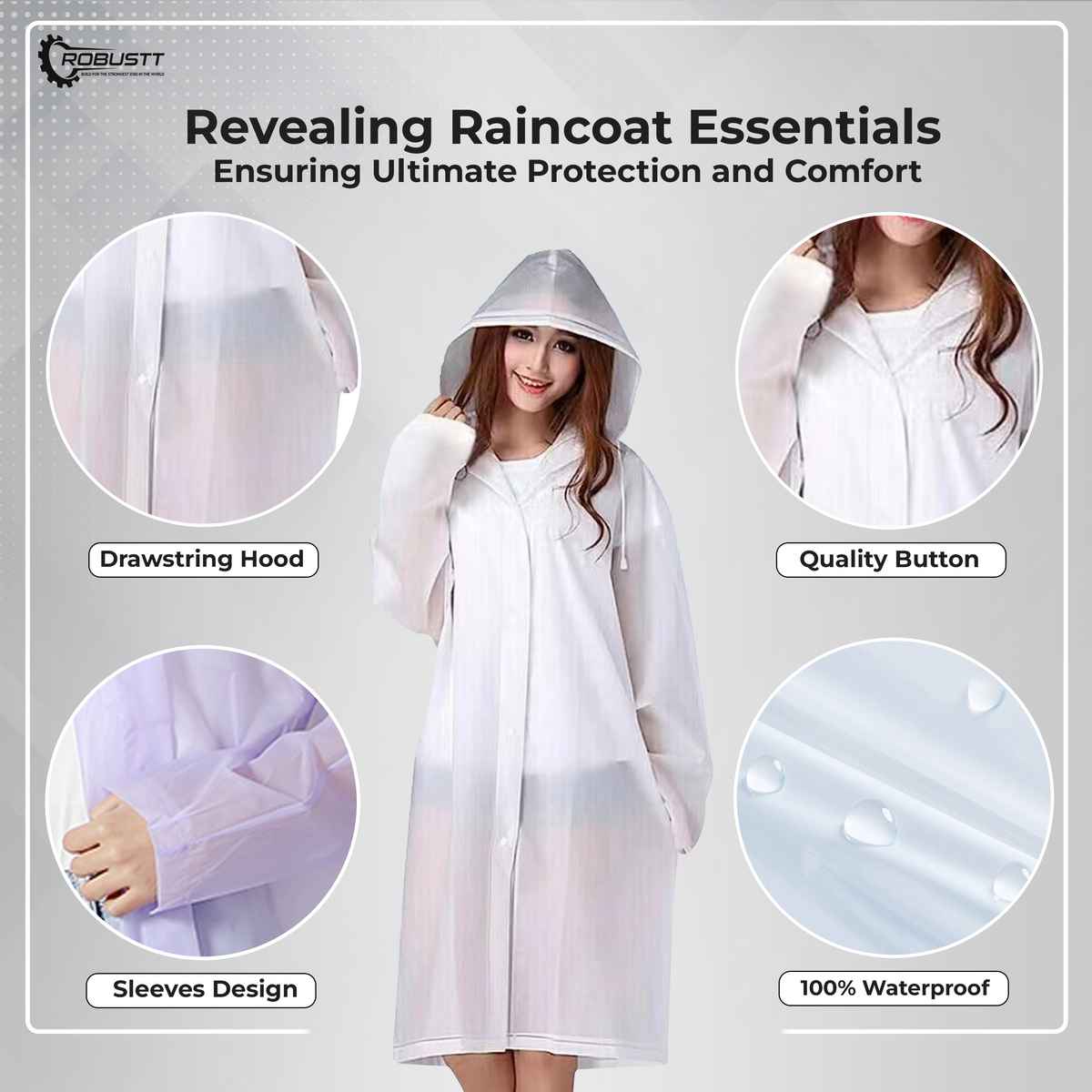 Robustt Unisex Raincoat With Hood | Waterproof | EVA Material | Universal Size - Transparent White