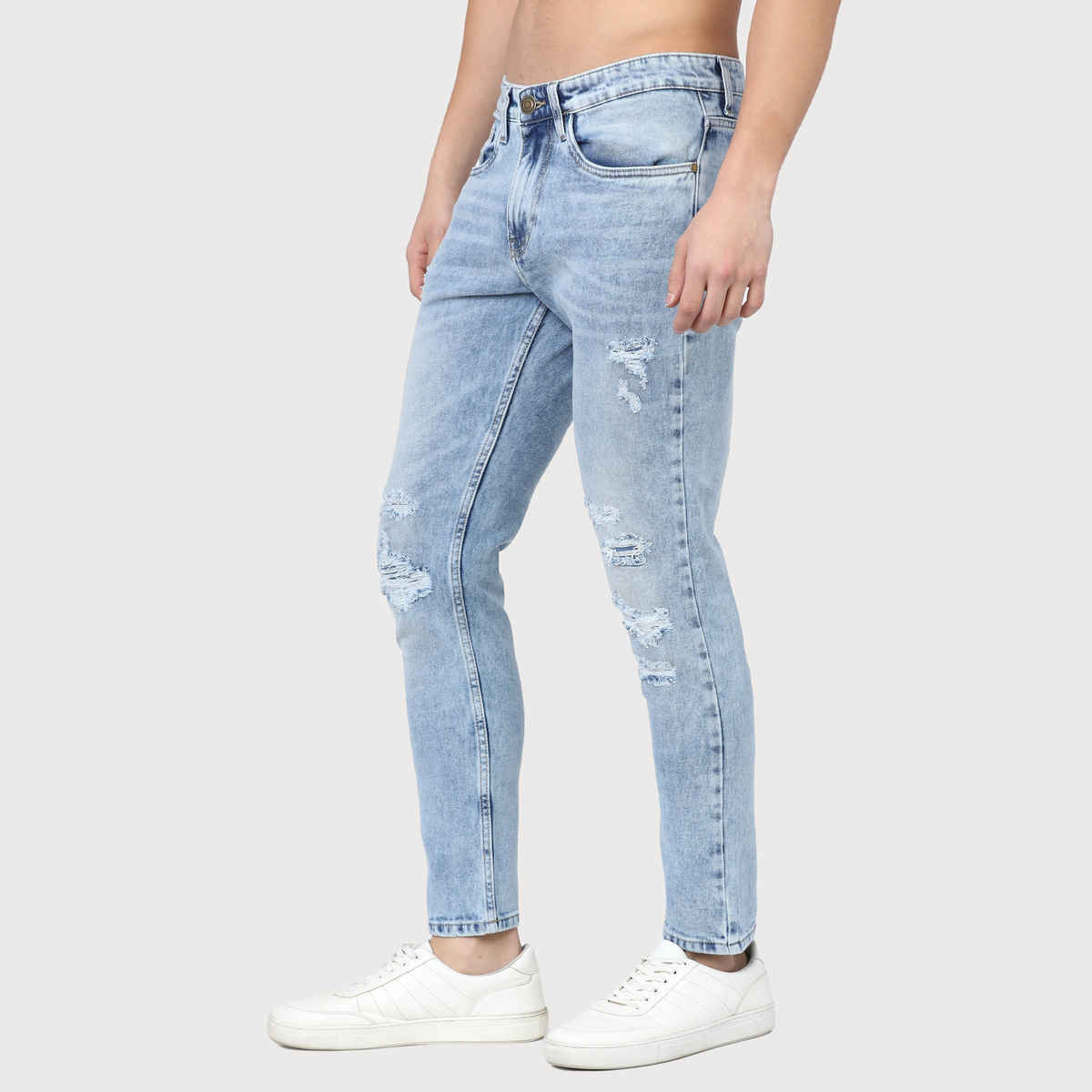 Highlander Men's Tapered Fit Mildly Distressed Heavy Fade Stretchable Jeans | Blue - 30