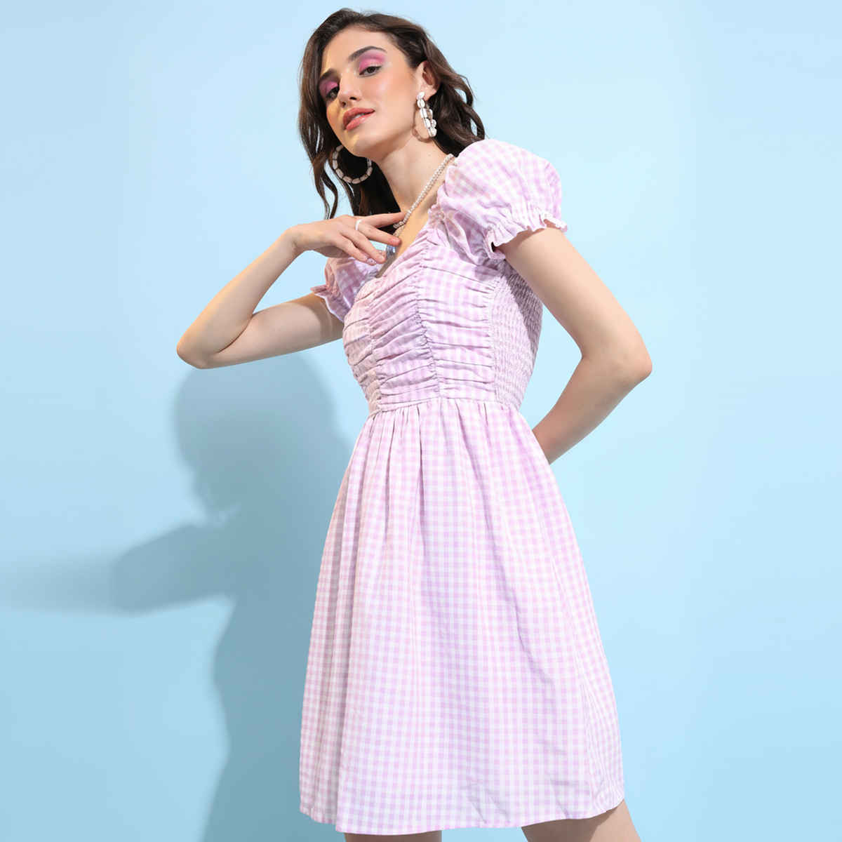 Tokyo Talkies Women's Checked Square Neck Puff Sleeve Gathered Fit & Flare Dress | Lilac - L