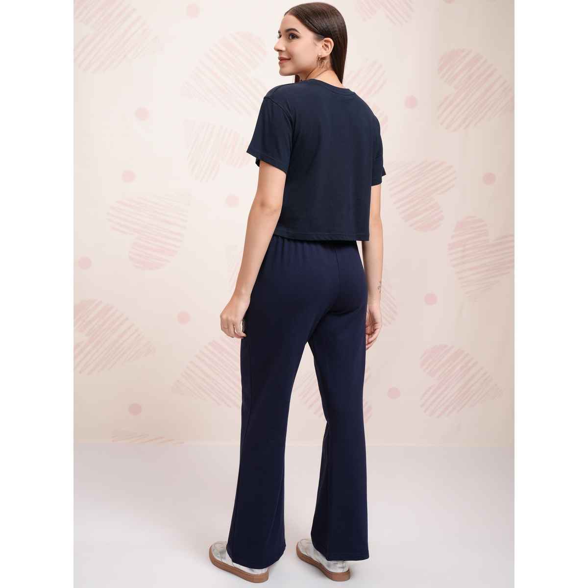 Tokyo Talkies Women's Disney Mickey Mouse Printed T-shirt with Trouser Sleepwear Set | Blue - L