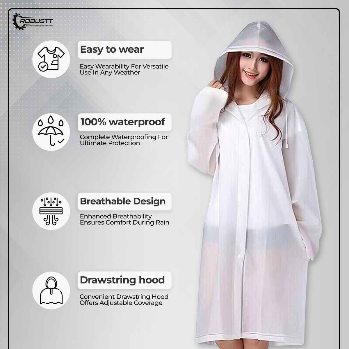 Robustt Unisex Raincoat With Hood | Waterproof | EVA Material | Universal Size - Transparent White