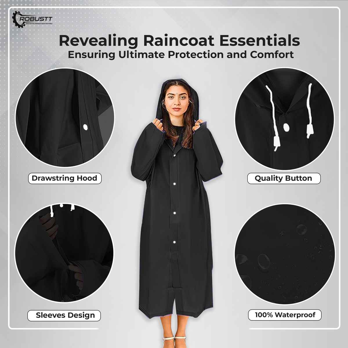 Robustt Unisex Raincoat With Hood | Waterproof | EVA Material | Universal Size - Black