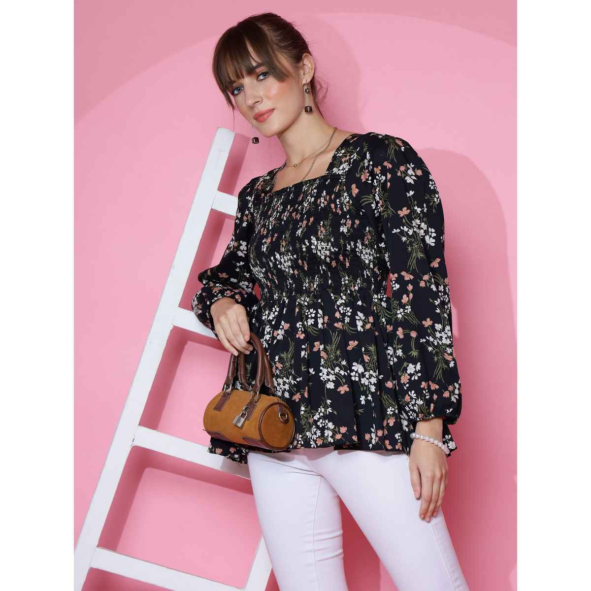 Sheetal Women's Bishop Sleeve Printed Top | 5101 | Black - XL