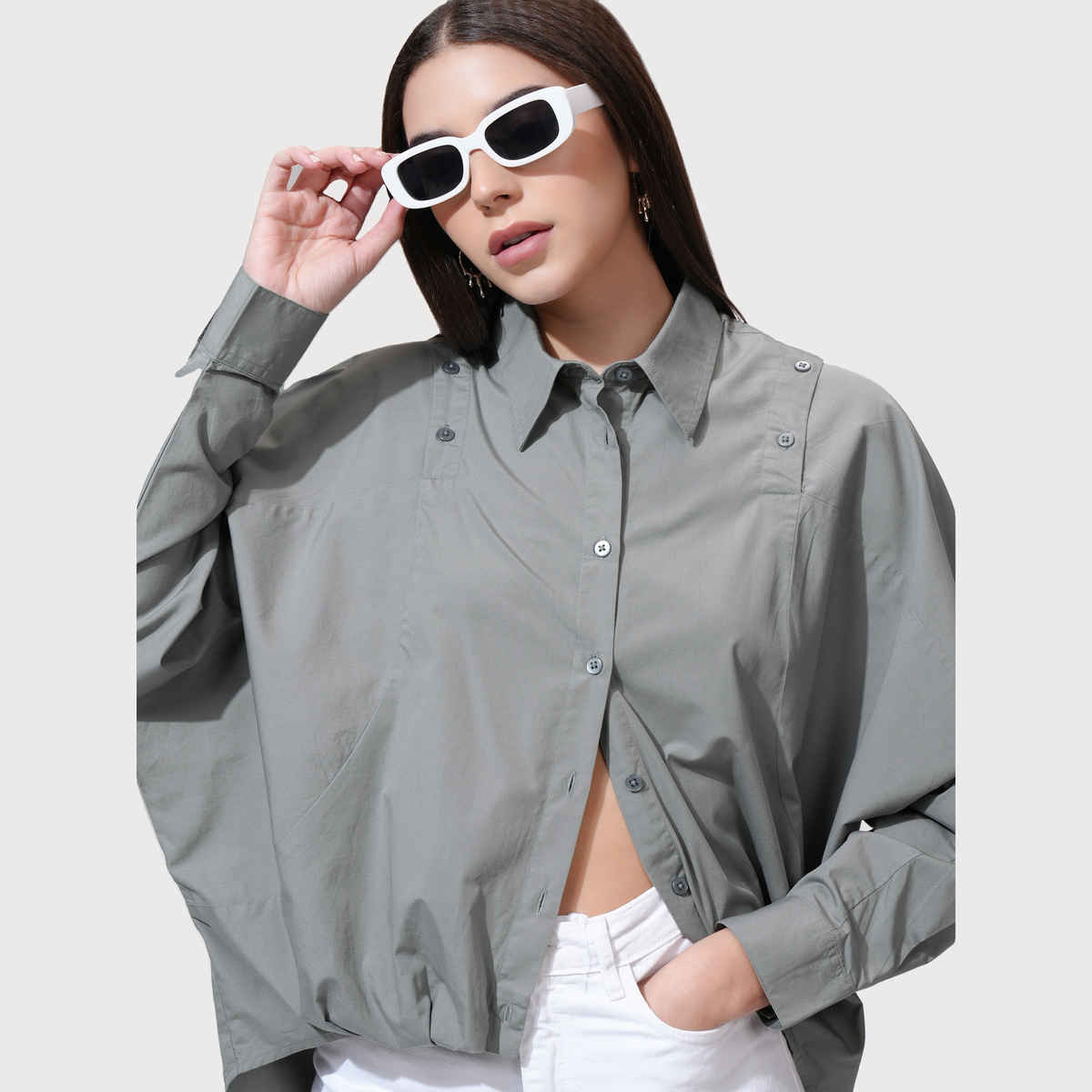 Tokyo Talkies Women's Solid Dropshoulder Oversized Fit Shirt | Grey - S