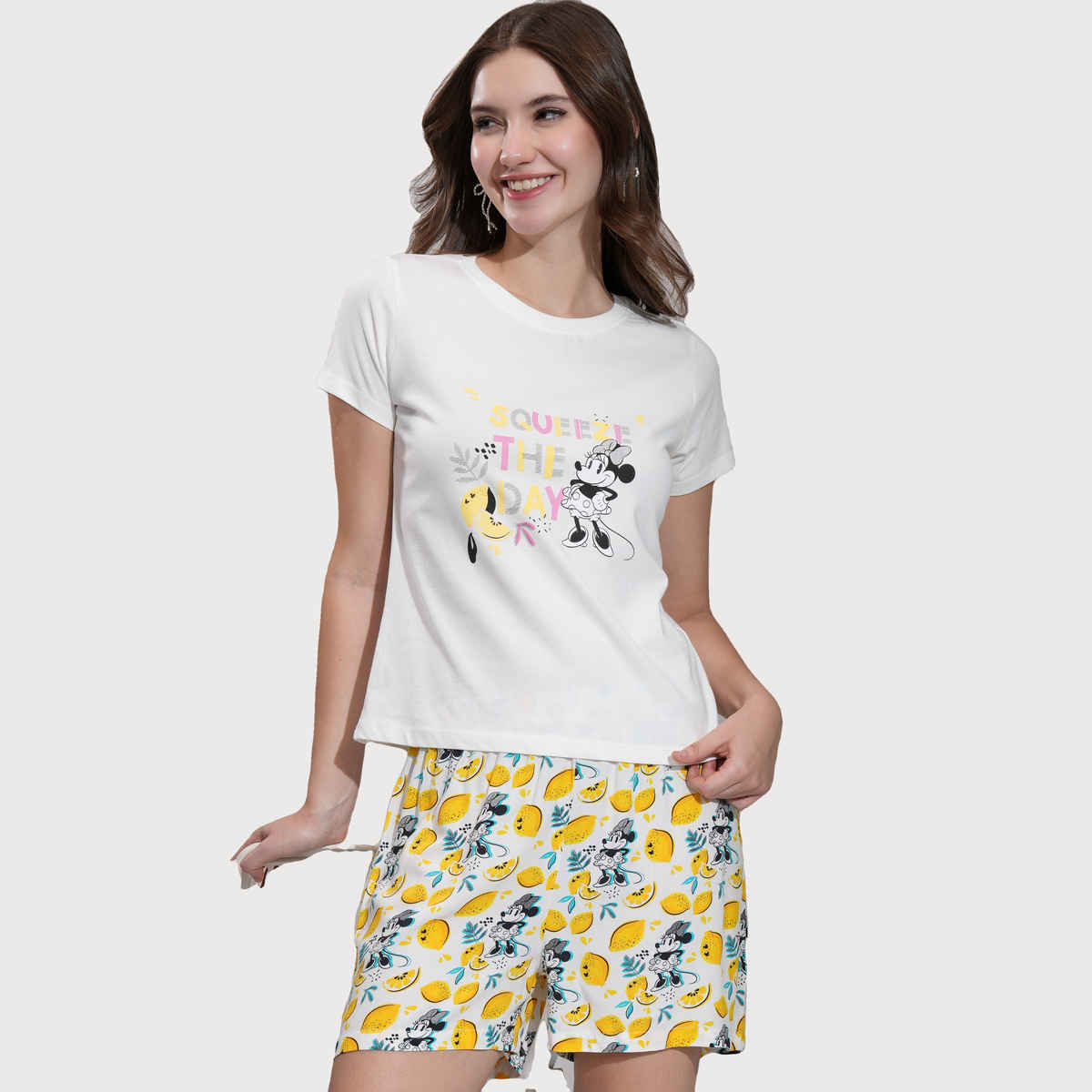 Tokyo Talkies Women's Disney Minnie Mouse Printed Sleepwear Co-Ord Set | White - S