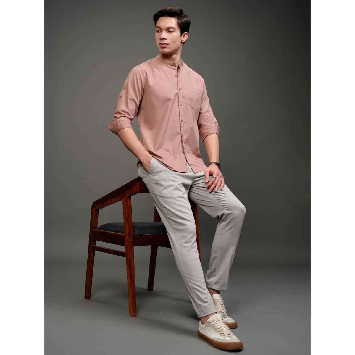 Highlander Men Solid Long Roll-Up Sleeves Slim Fit Casual Shirt | Pink | S