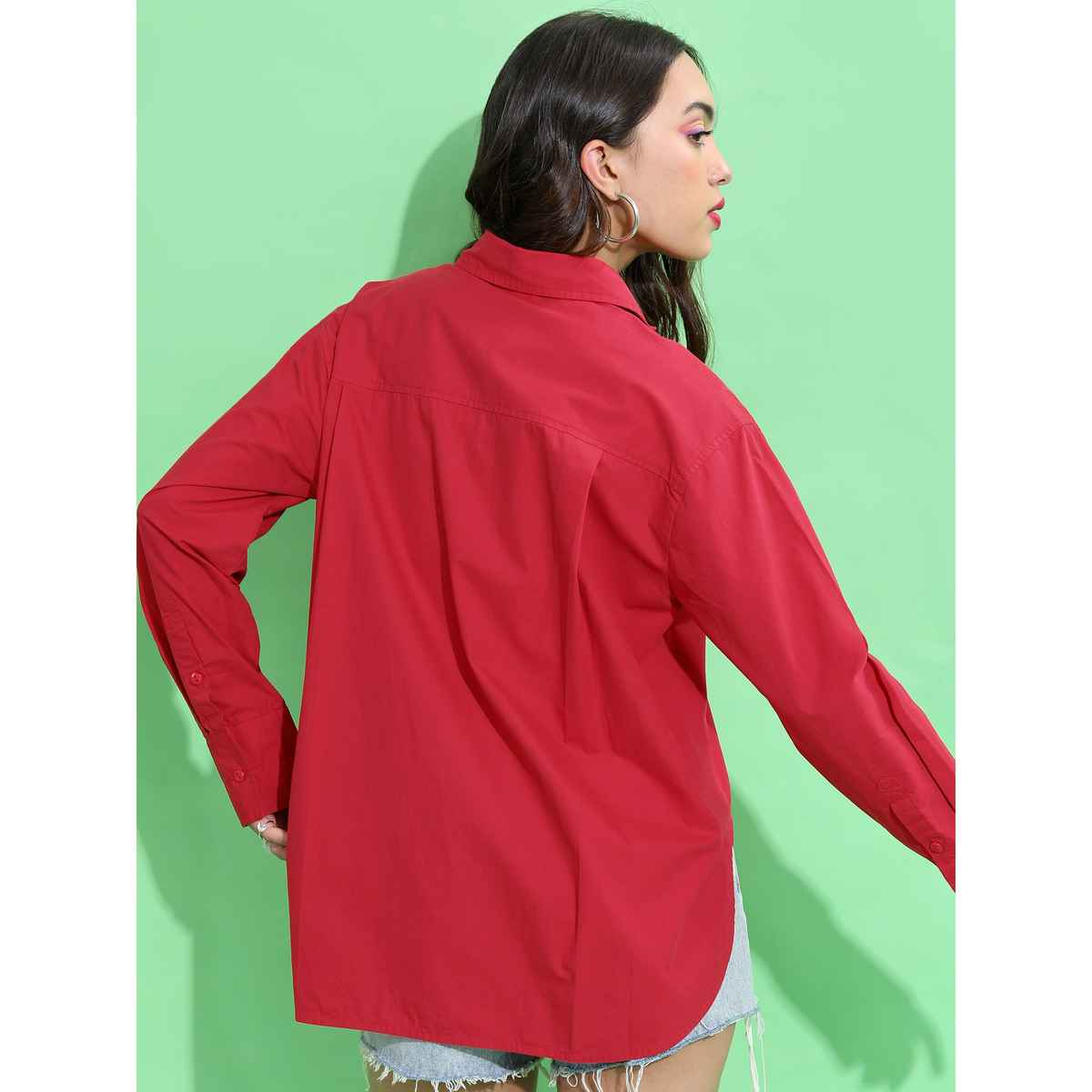 Tokyo Talkies Women's Red Spread Collar Cotton Casual Shirt | Red - S