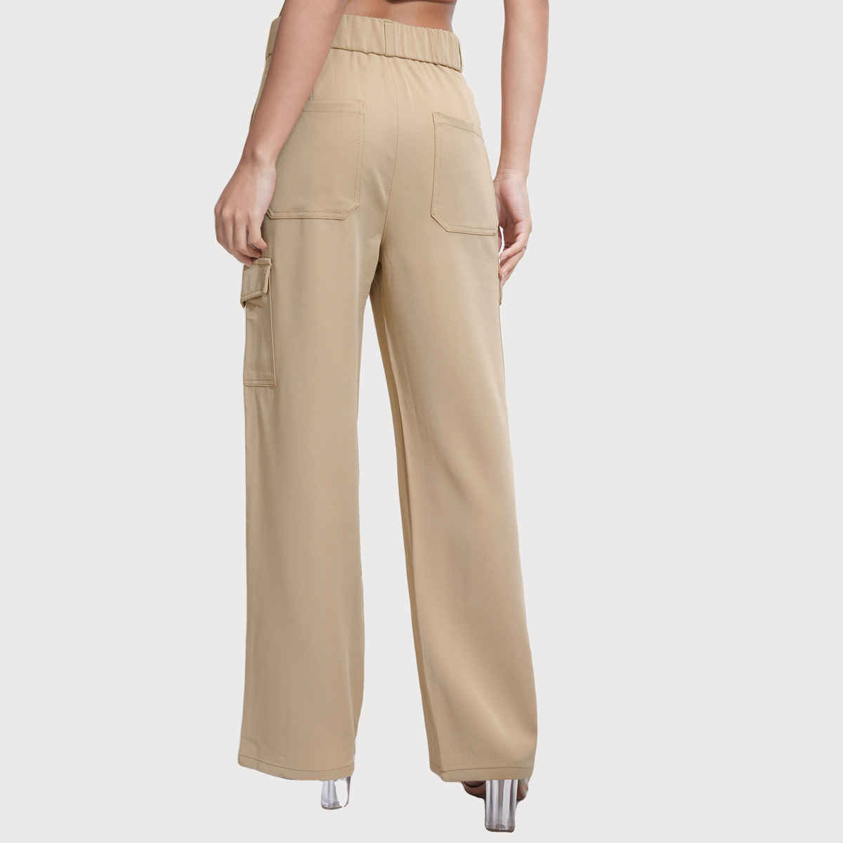 Tokyo Talkies Women's Khaki High Rise Straight Fit Cargo Trouser | Khaki - L
