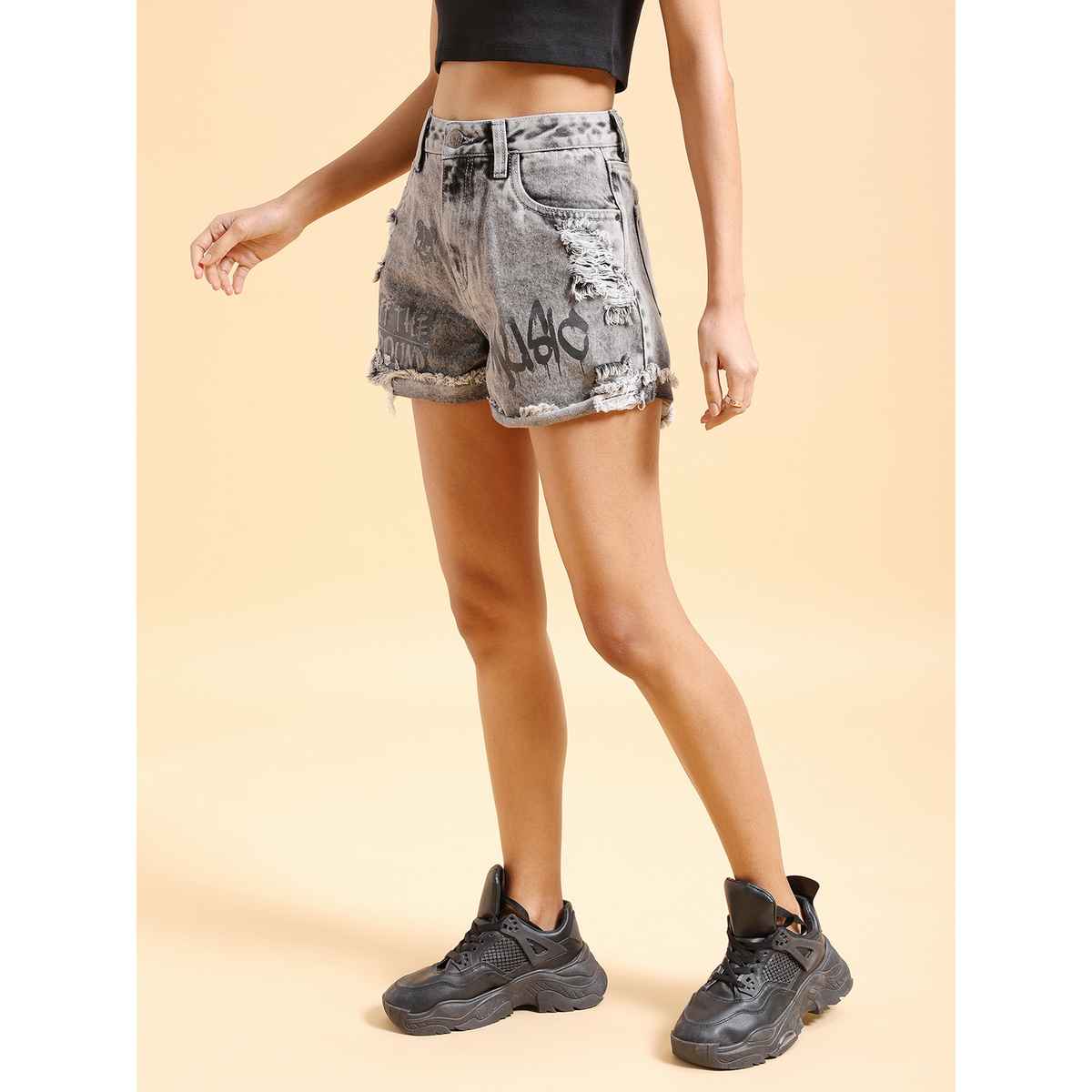 Tokyo Talkies Women's Typography Printed Cotton Denim Shorts | Grey - 32