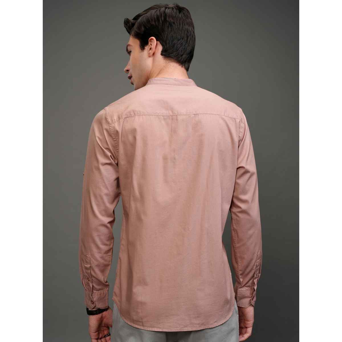 Highlander Men Solid Long Roll-Up Sleeves Slim Fit Casual Shirt | Pink | S