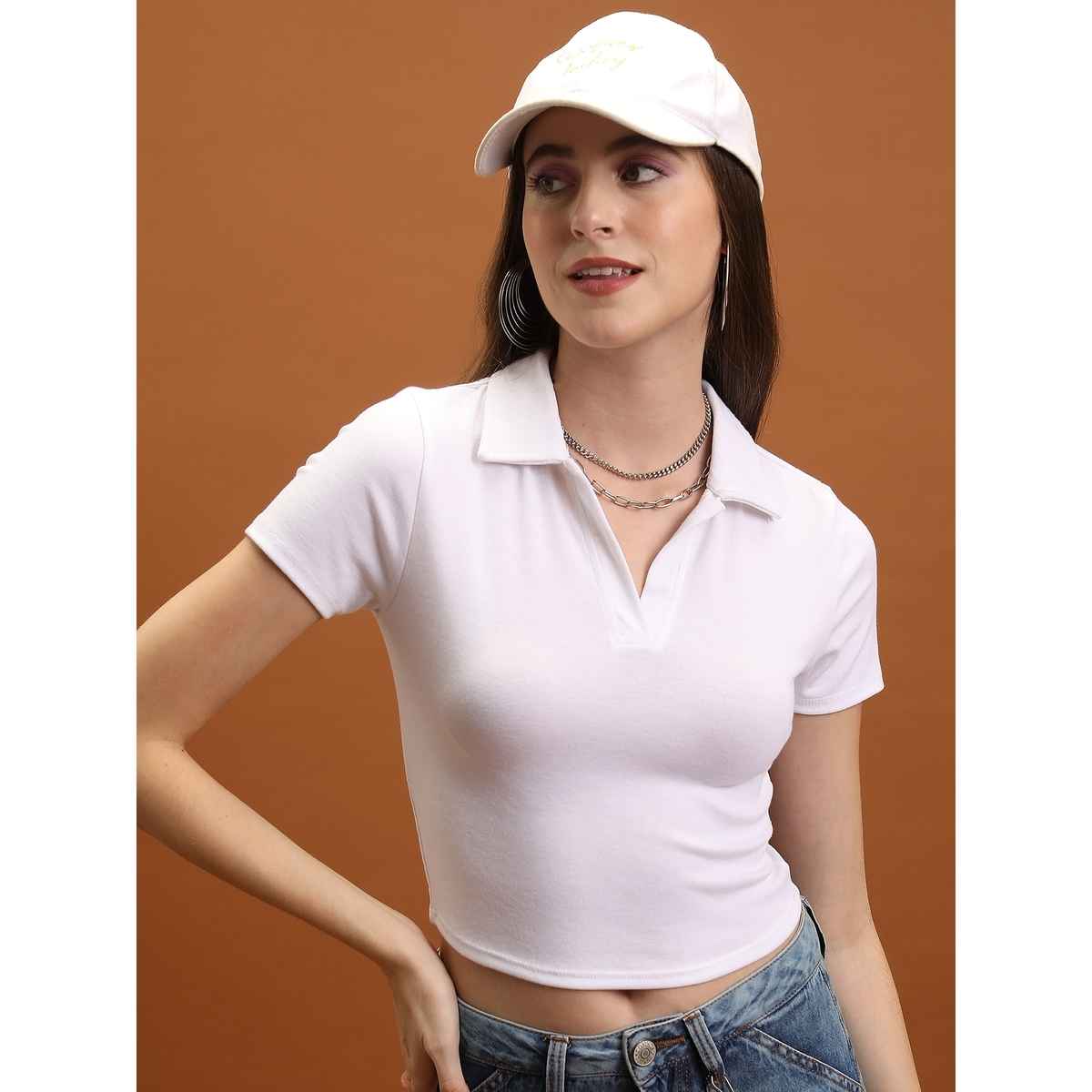 Tokyo Talkies Women's Knited Crop Tshirt | White - M