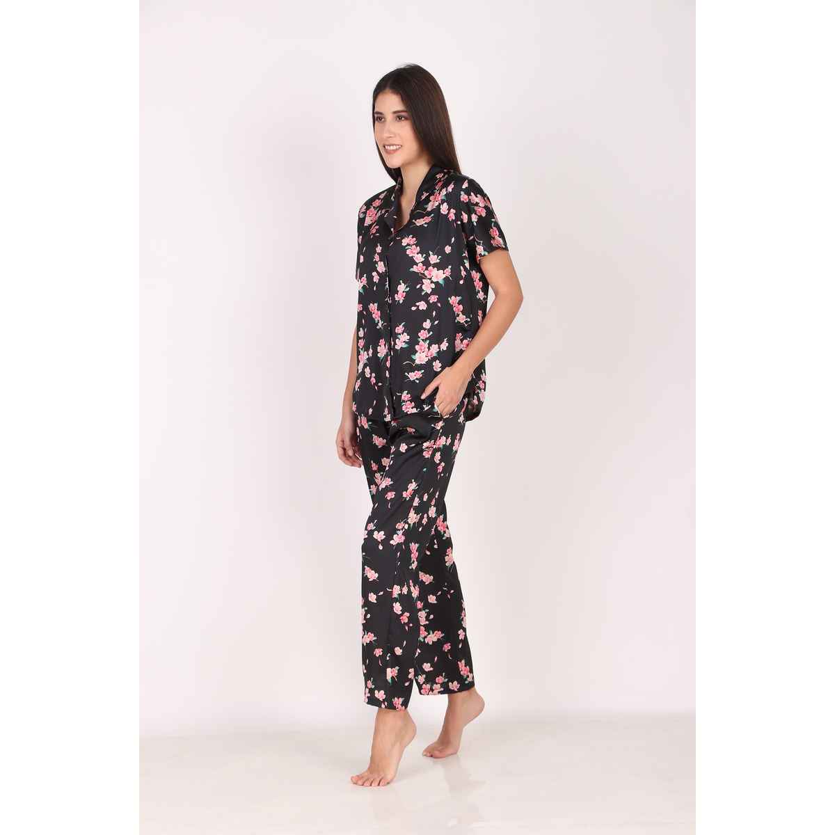 Masha Women's Spring Flower Black Satin Pajamas | Set | XL
