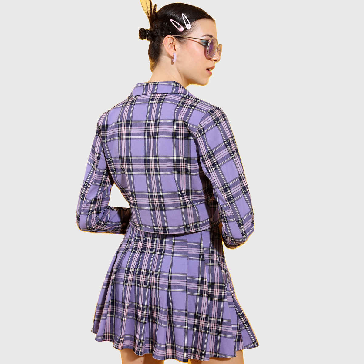 Tokyo Talkies Women's Checked Blazer With Pleated Skirt | Multicolour - S