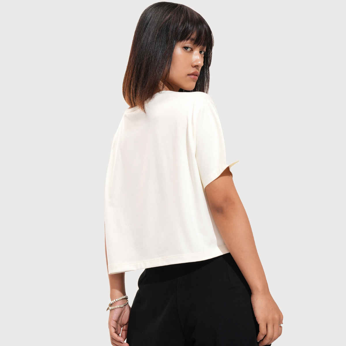 Tokyo Talkies Women's Half Sleeve Crop Round Neck T Shirt | Off White - S