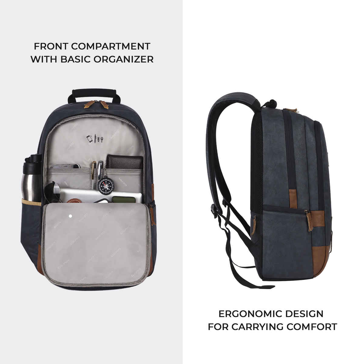 Gear Unisex Solid Faux Leather 20 L Laptop Backpack | Navy and Tan