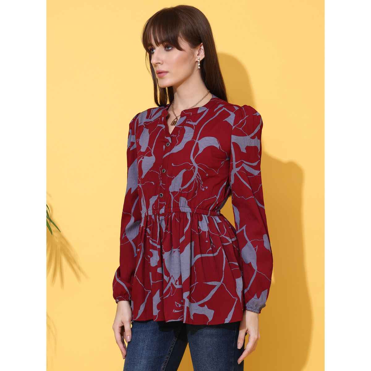 Sheetal Women's Floral Print Mandarin Collar Crepe Top | 5207 | Maroon - L