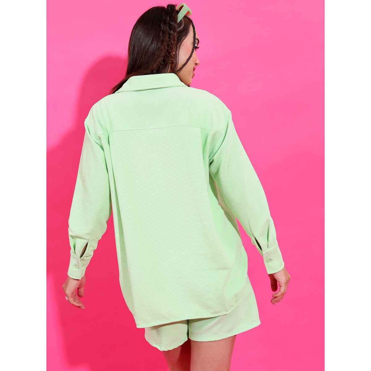 Tokyo Talkies Women's Knitted Shirt With Shorts Set | Green - L