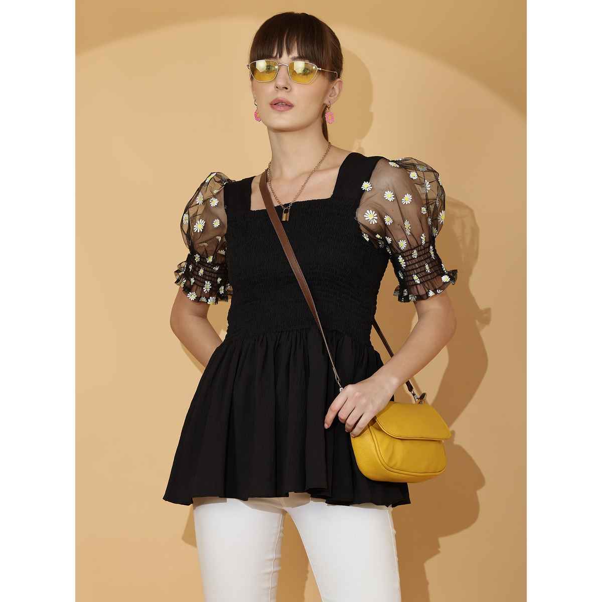 Sheetal Women's Self Design Gathered Top | 5171 | Black - M