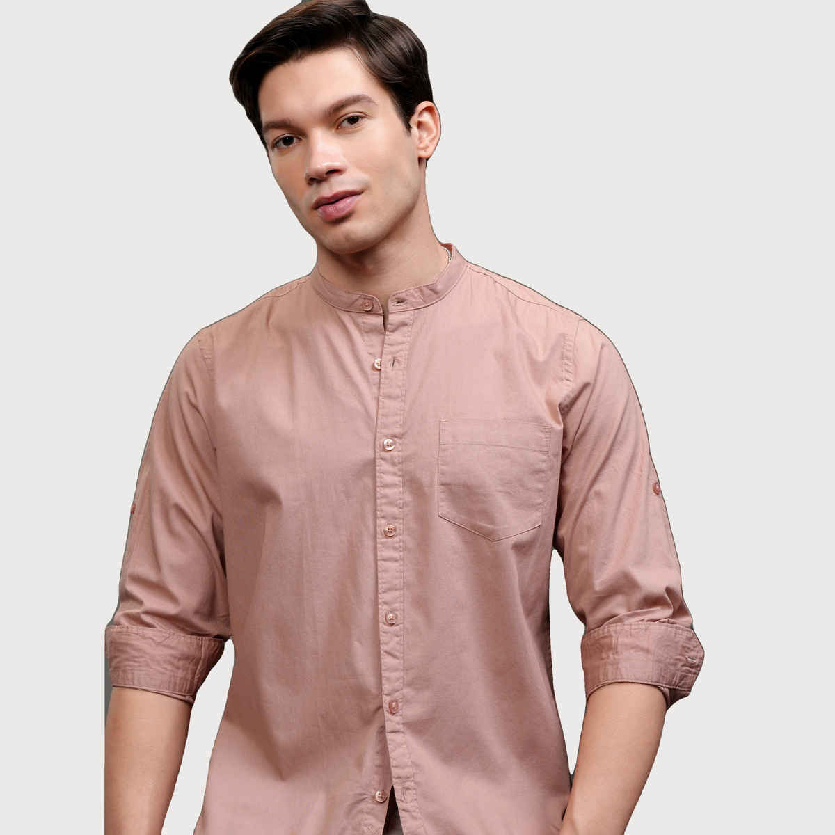 Highlander Men Solid Long Roll-Up Sleeves Slim Fit Casual Shirt | Dusty Pink | XL