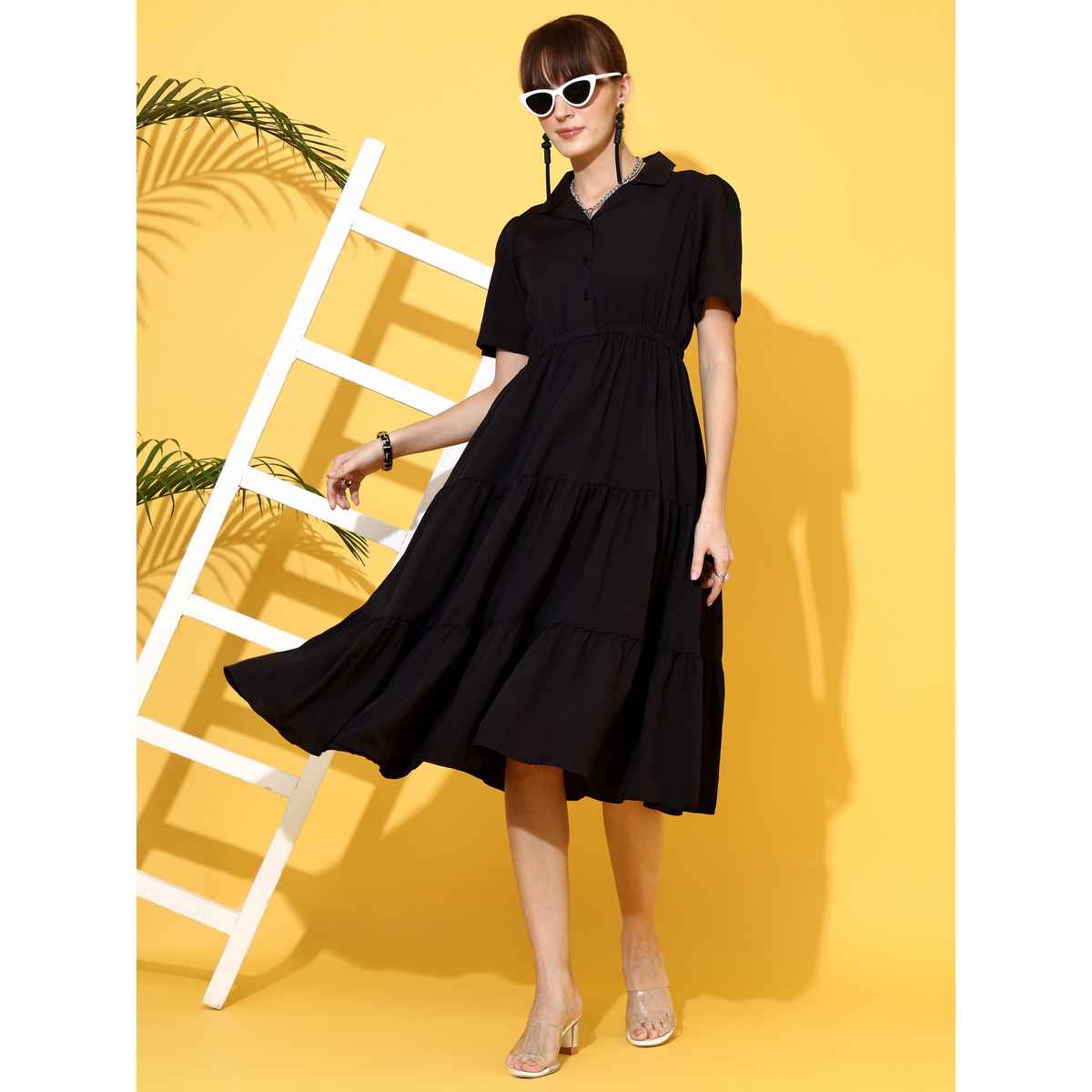 Sheetal Women's Black Shirt Collar Fit And Flare Midi Dress | 11621 | Black - M