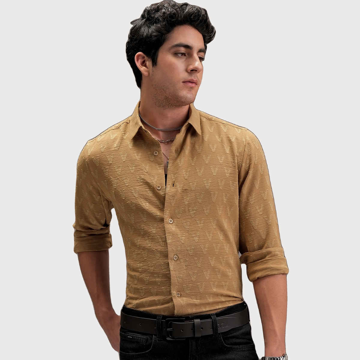 Locomotive Men's Luxe Jacquard Textured Party Shirt | Khaki - XL