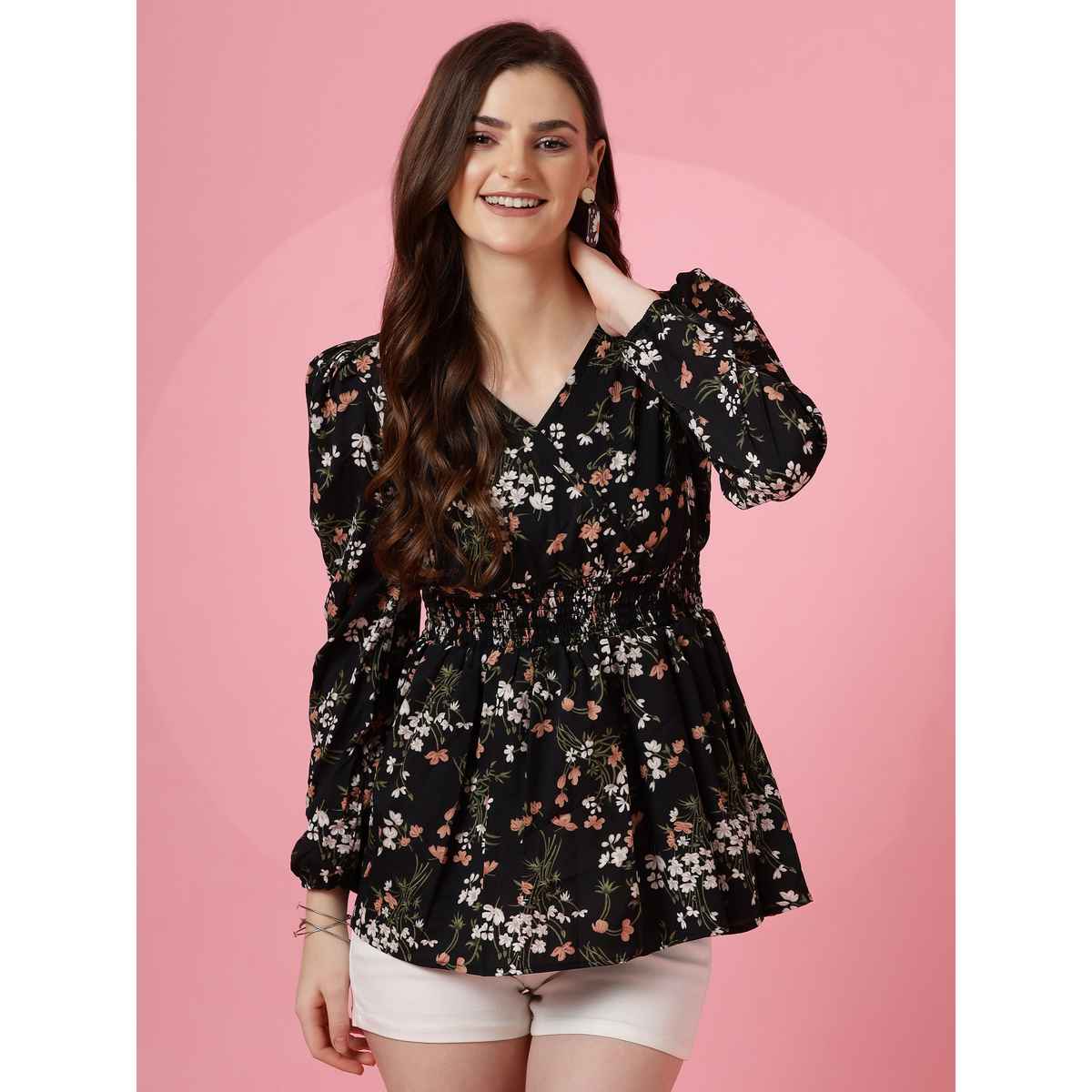 Sheetal Women's Puff Sleeves Floral Printed Top | 5111 | Black - S