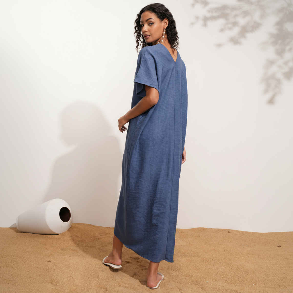 Tokyo Talkies Women's Solid Kaftan Holiday Midi Dress | Indigo - S