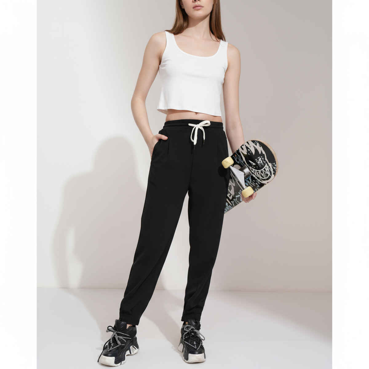 Tokyo Talkies Women's Solid Straight Fit Jogger Pants | Black - 30