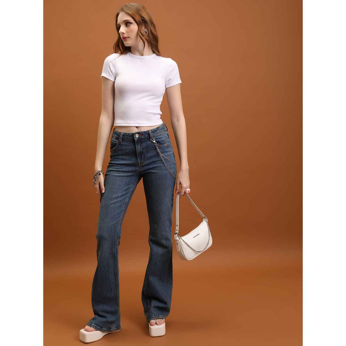 Tokyo Talkies Women's White Knitted Slim Fit Crop Top | White - L