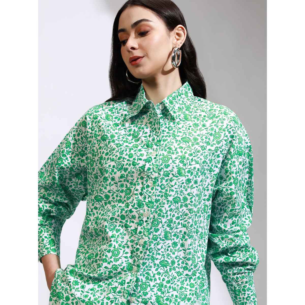 Tokyo Talkies Women's Floral Buttondown Oversized Shirt | Green - S