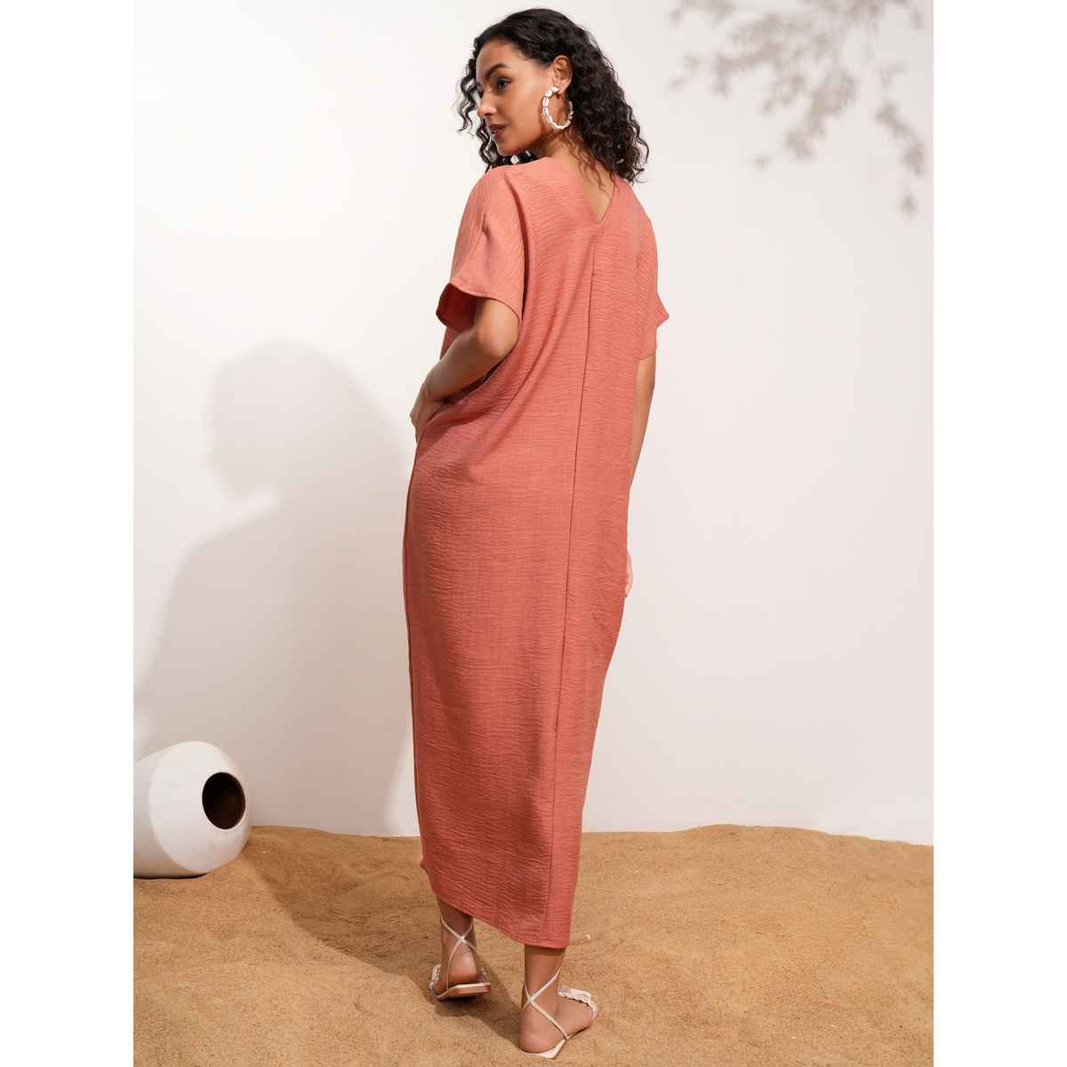 Tokyo Talkies Women's Rust Kaftan Neck Flowy Maxi | Brown - S