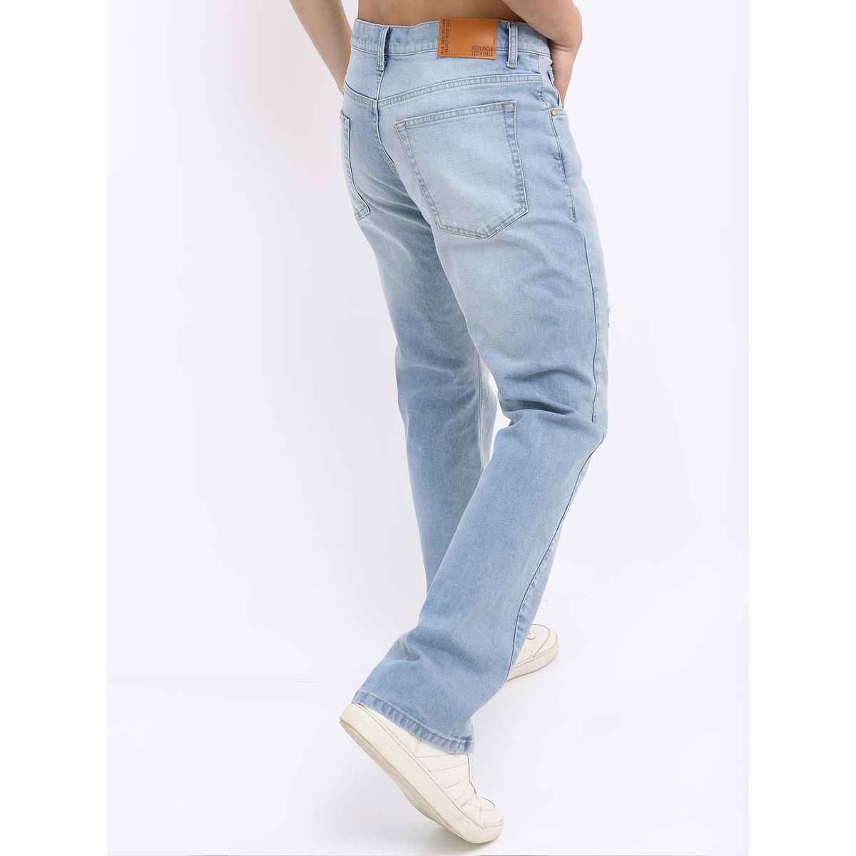 Highlander Men's Bootcut Mildly Distressed Light Fade Cotton Stretchable Jeans | Blue - 34