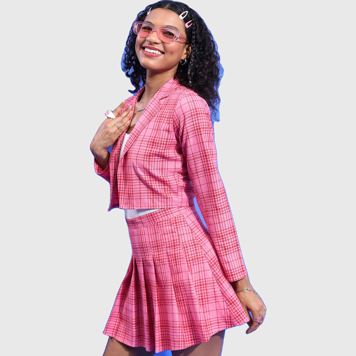 Tokyo Talkies Women's Blazer and Matching Pleated Skirt Co-Ords | Pink - S