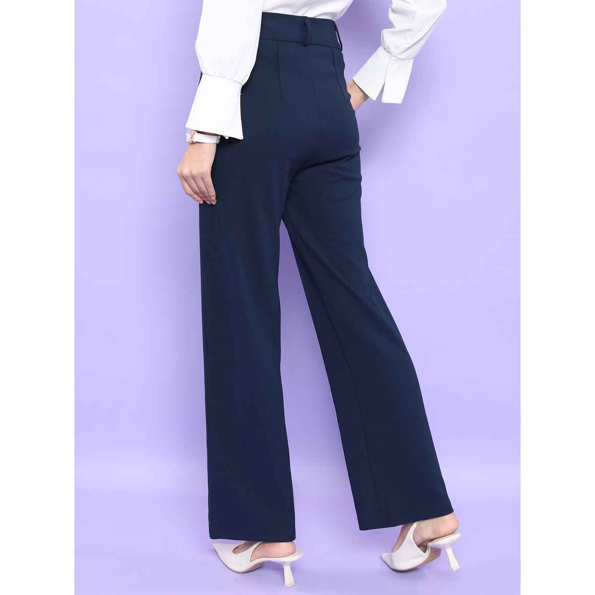 Tokyo Talkies Women's Straight Fit High-Rise Parallel Trouser | Blue - 34