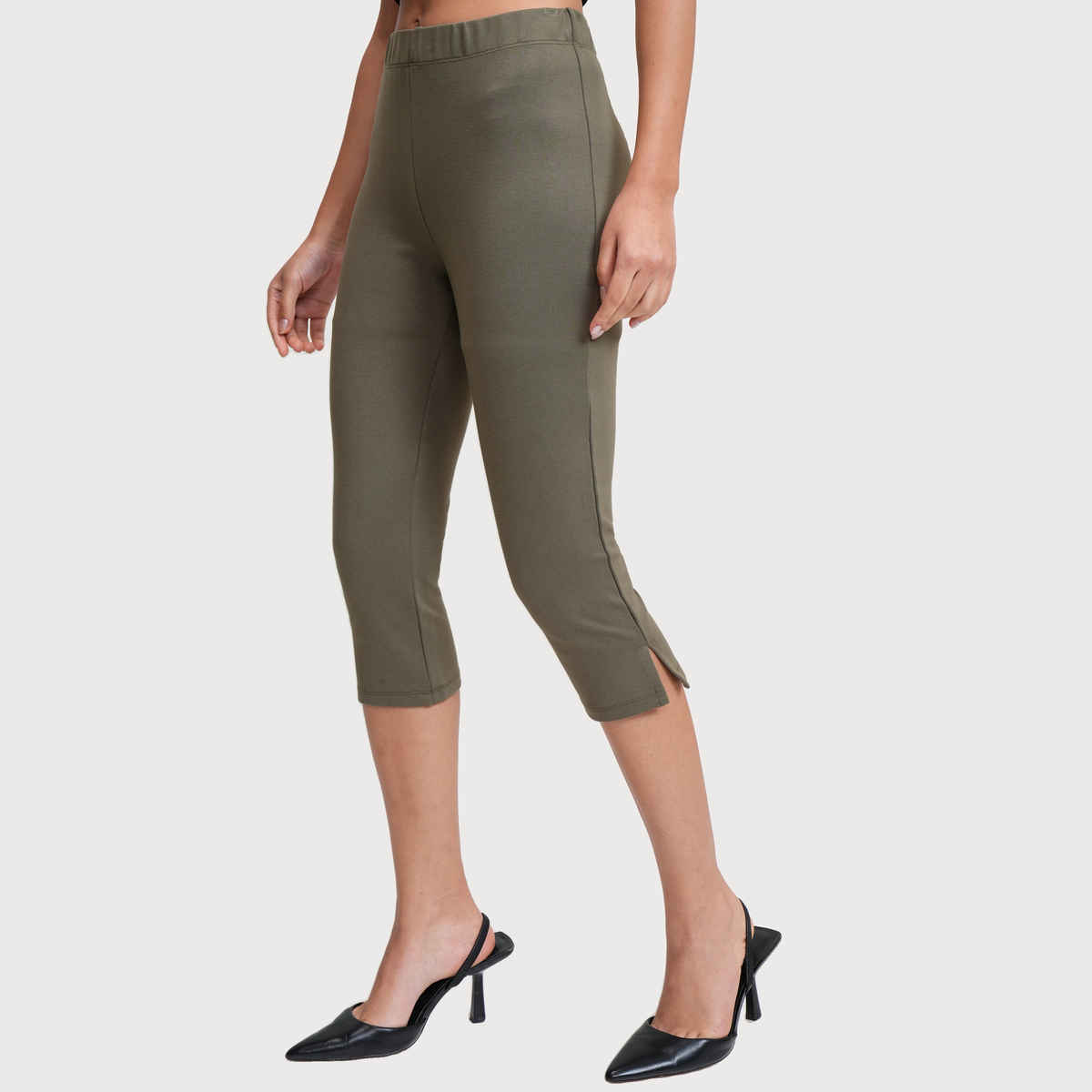 Tokyo Talkies Women's Solid Stretchy Capri Pants with Slits | Olive - 28
