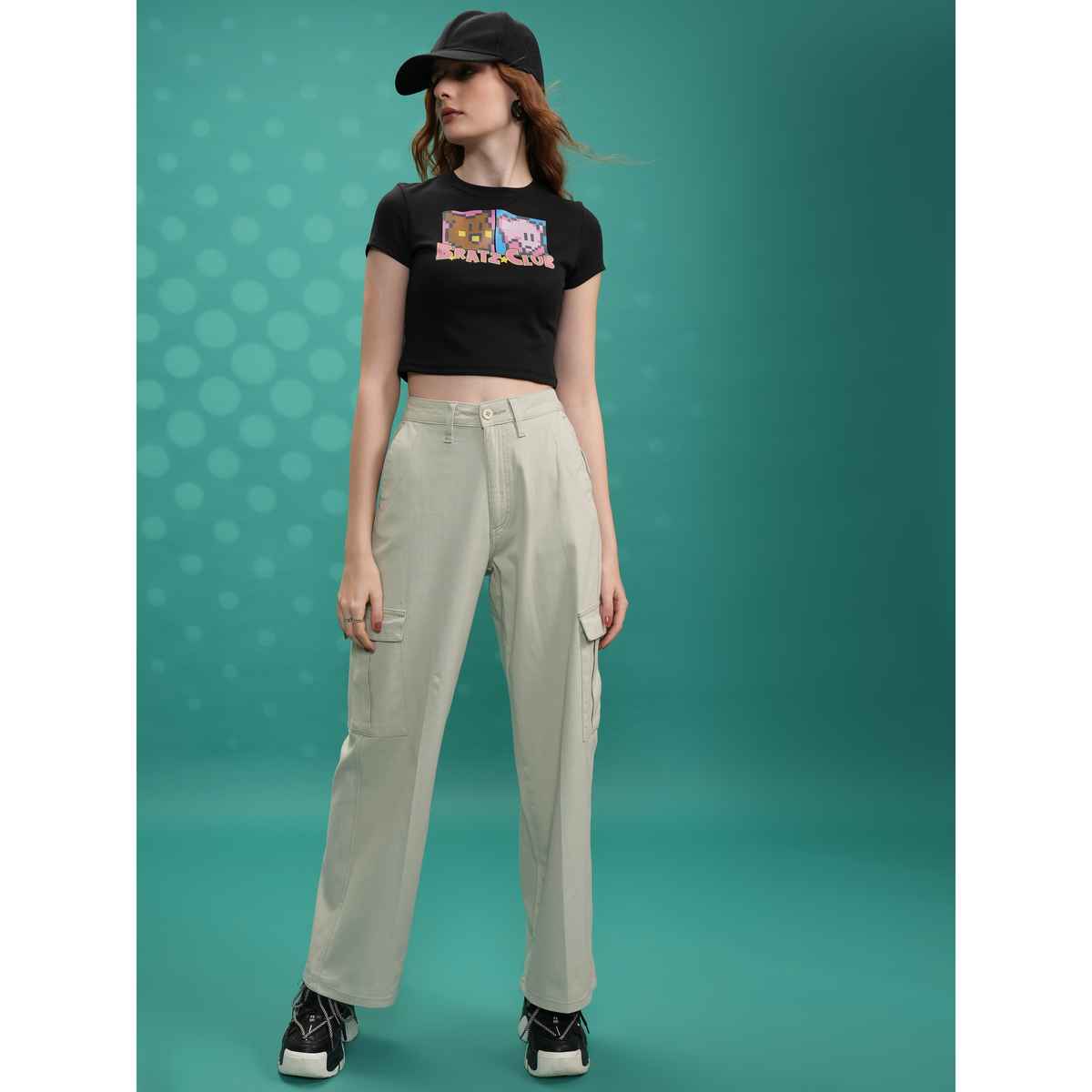 Tokyo Talkies Women's Printed Round Neck Rib Crop Top | Black - M