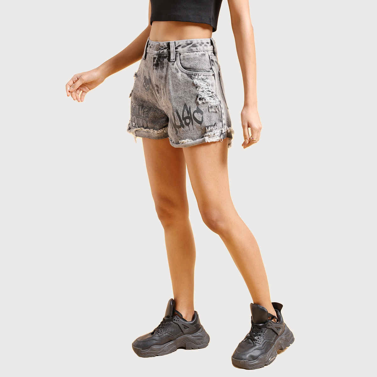 Tokyo Talkies Women's Typography Printed Cotton Denim Shorts | Grey - 28