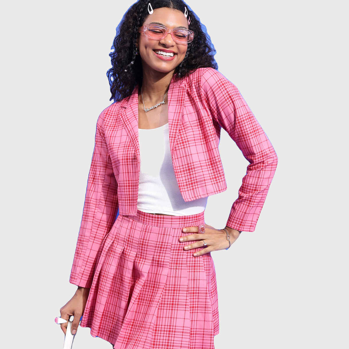 Tokyo Talkies Women's Blazer and Matching Pleated Skirt Co-Ords | Fuschia Pink - L