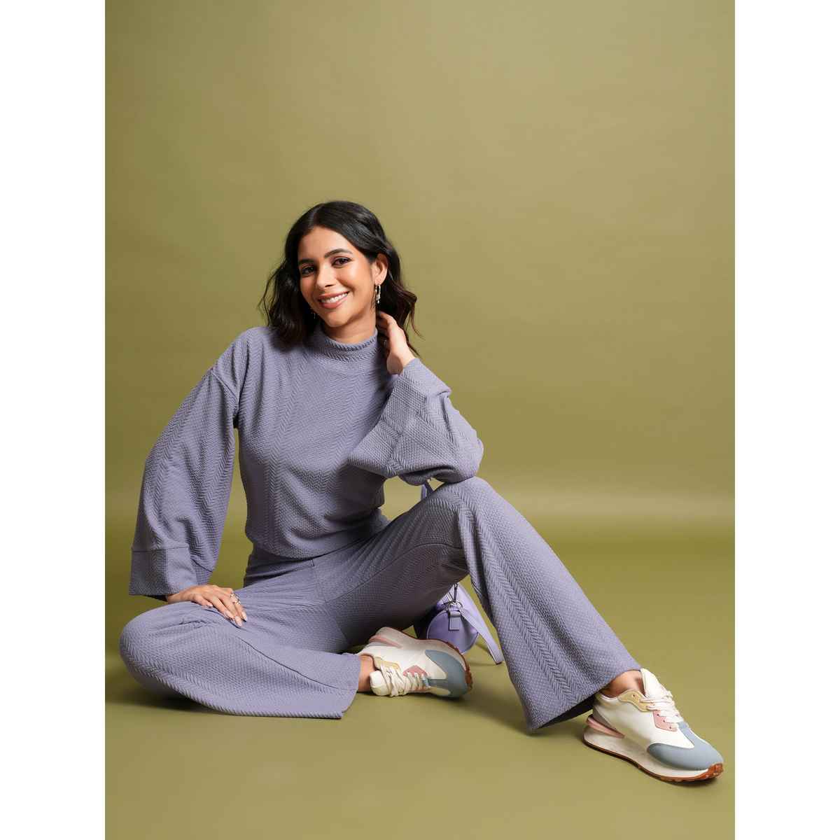 Tokyo Talkies Women's High Neck Crop Top with Bootcut Trouser | Purple - M