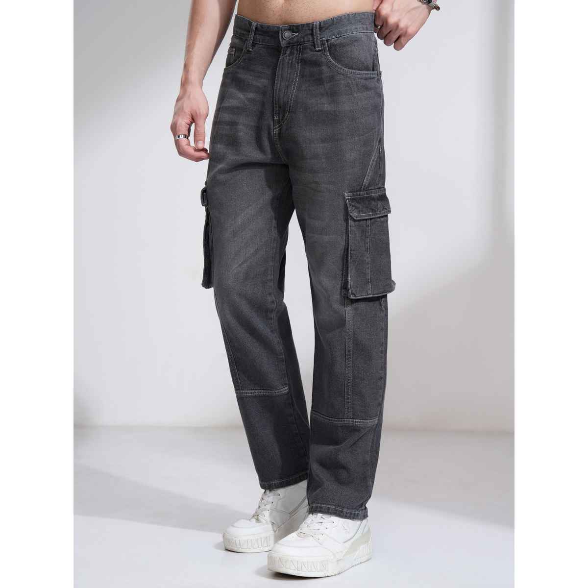 Highlander Men's Charcoal High Rise Straight Fit Cargo Jeans | Grey - 32