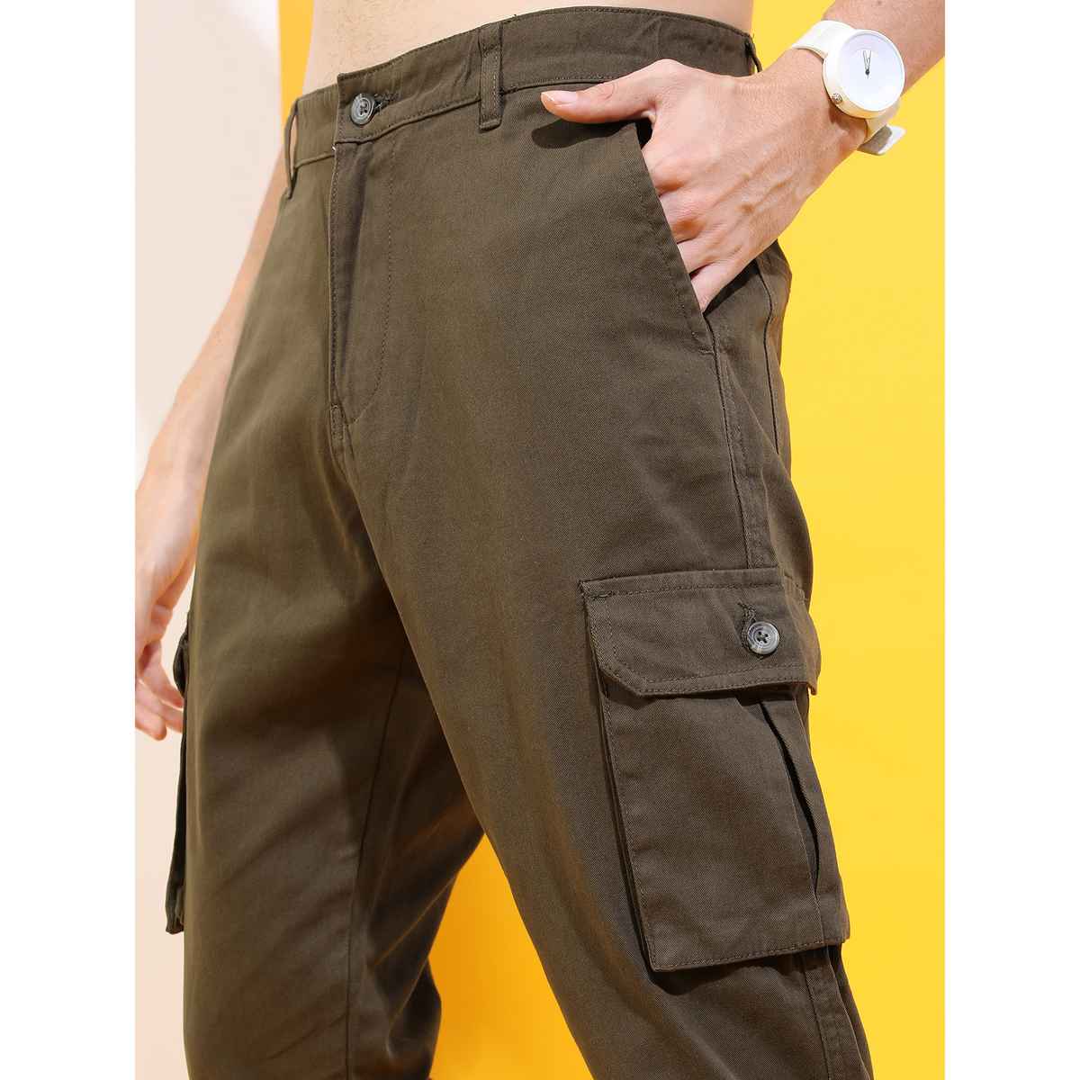 Highlander Men's Slim Fit Easy Wash Cargos Trouser | Olive Green - 30