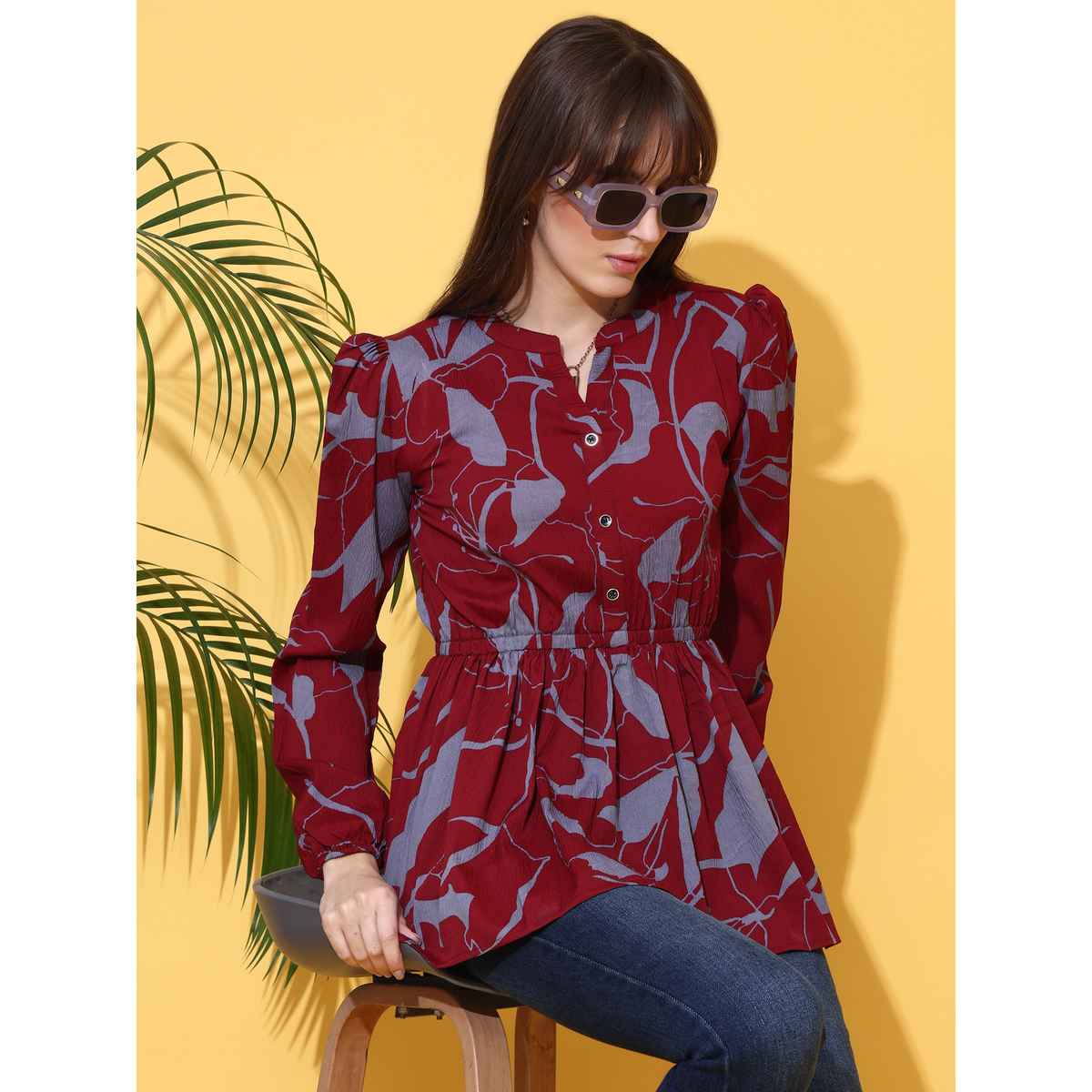 Sheetal Women's Floral Print Mandarin Collar Crepe Top | 5207 | Maroon - XL