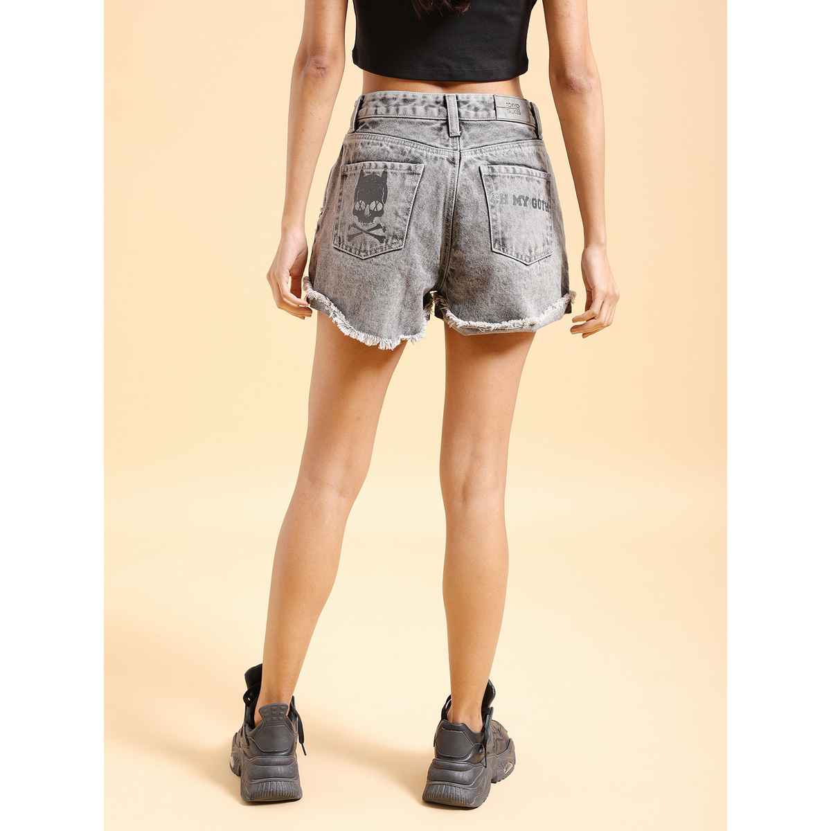 Tokyo Talkies Women's Typography Printed Cotton Denim Shorts | Grey - 32