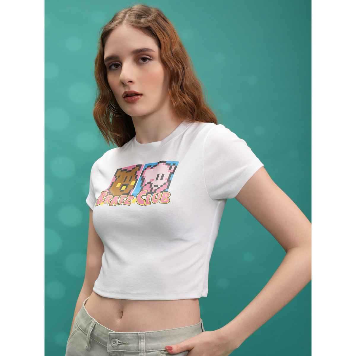 Tokyo Talkies Women's Printed Round Neck Rib Crop Top | White - S