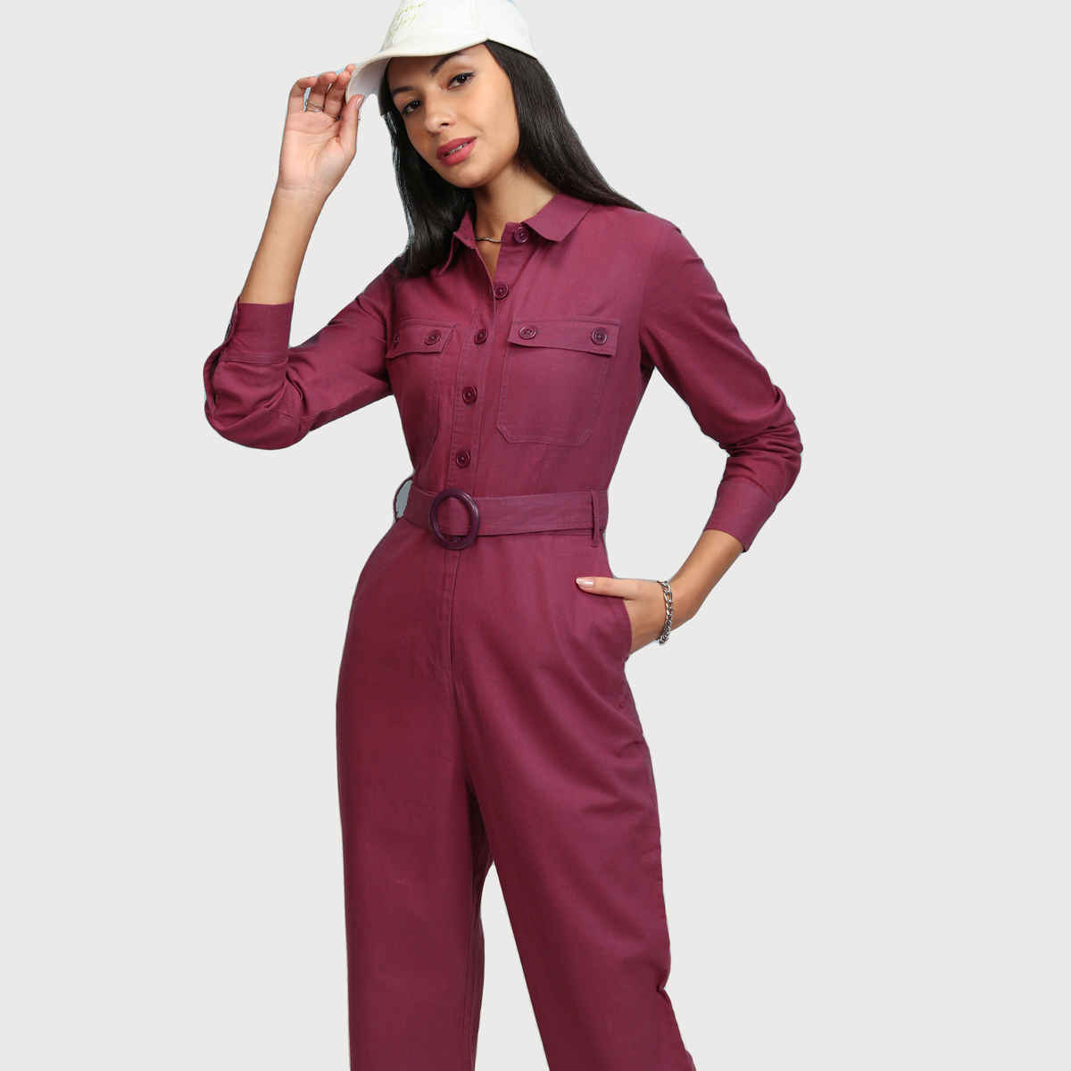 Tokyo Talkies Women's Solid Straight Leg Jumpsuit | Magenta - S