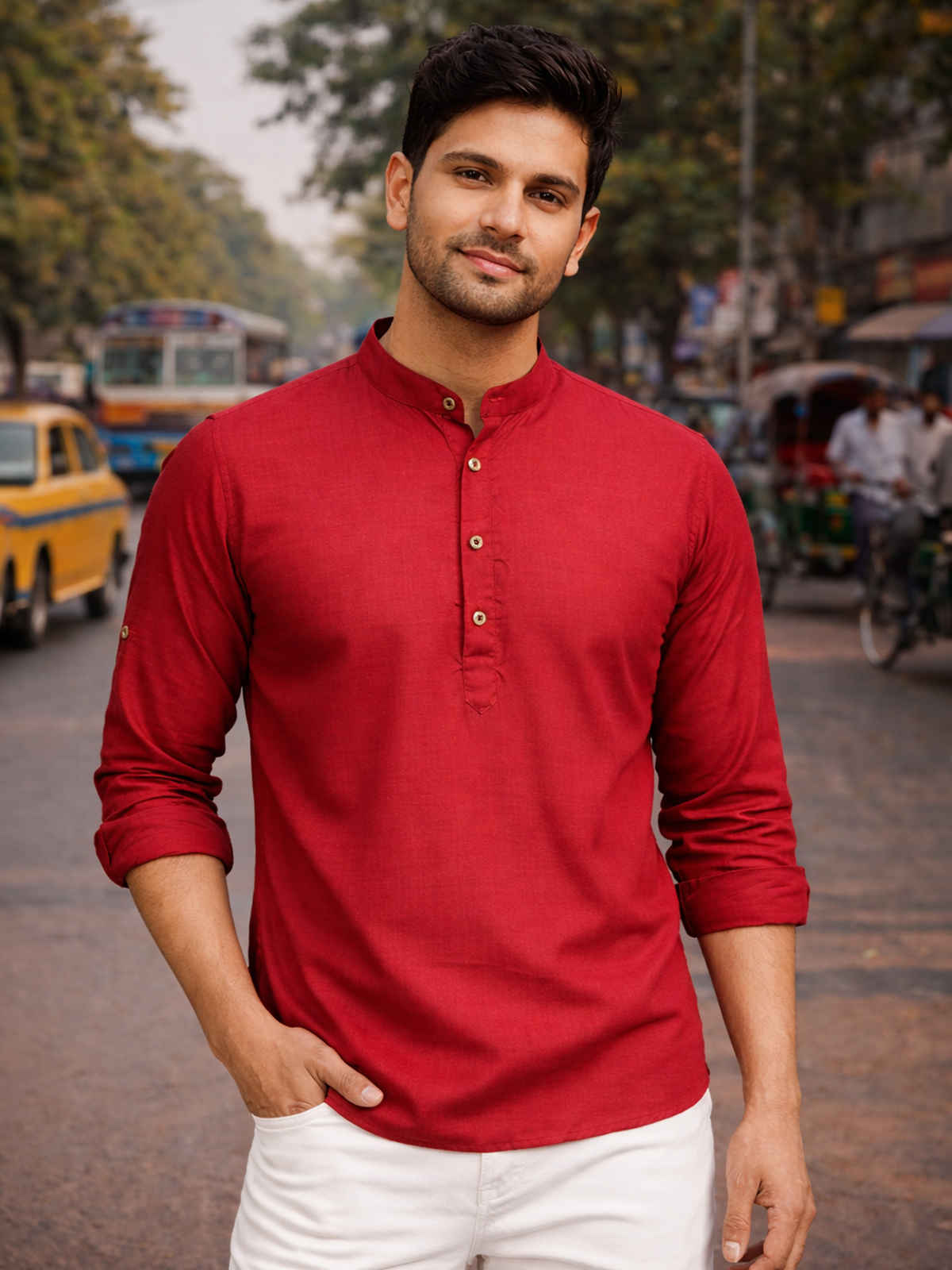 Vastramay Men's Cotton Blend Short Kurta for Eid | Maroon - XL