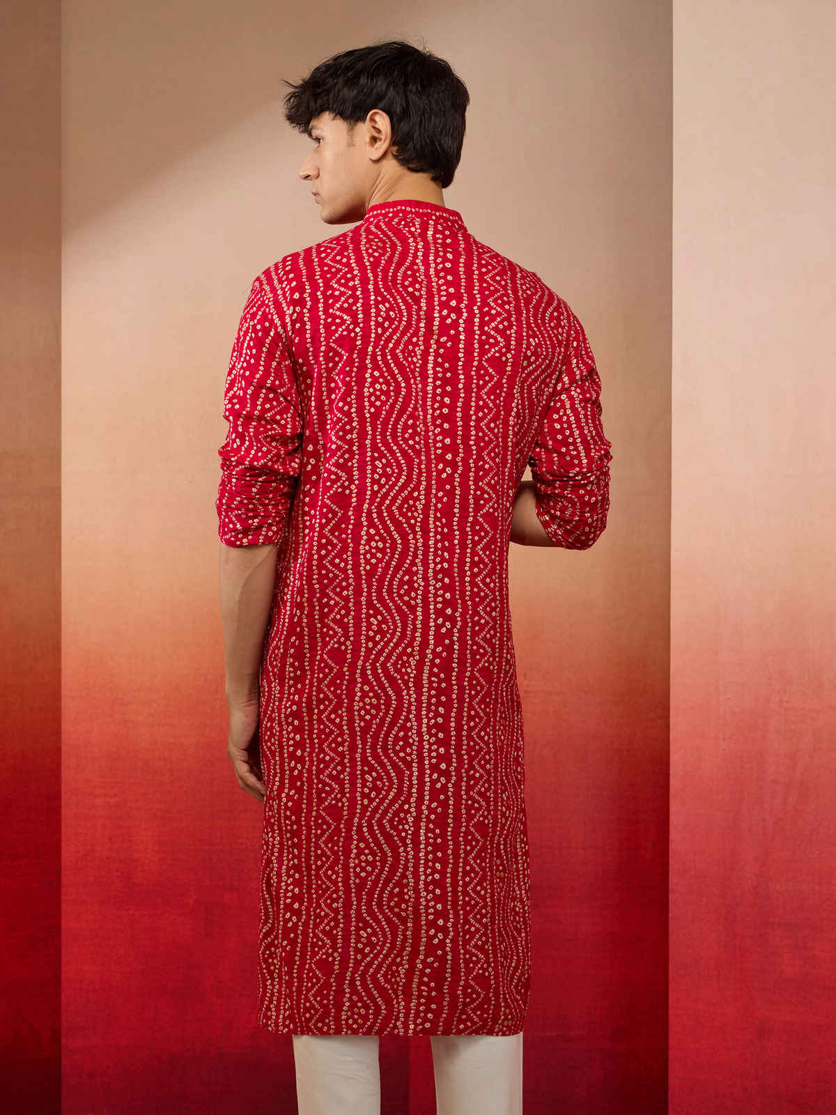 Vastramay Men's Pink Bandhani Rayon Kurta | S