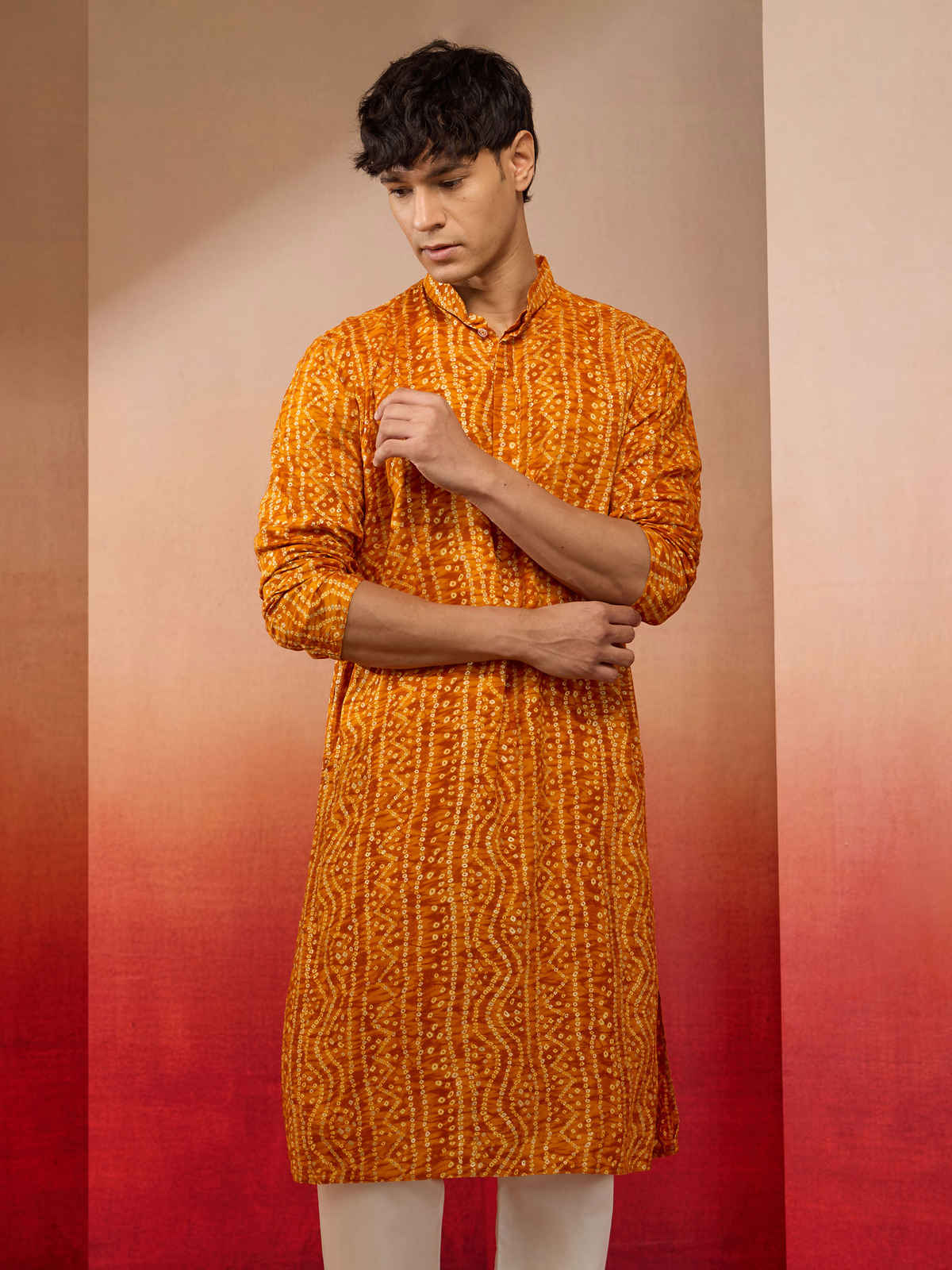 Vastramay Men's Mustard Bandhani Rayon Kurta | XL