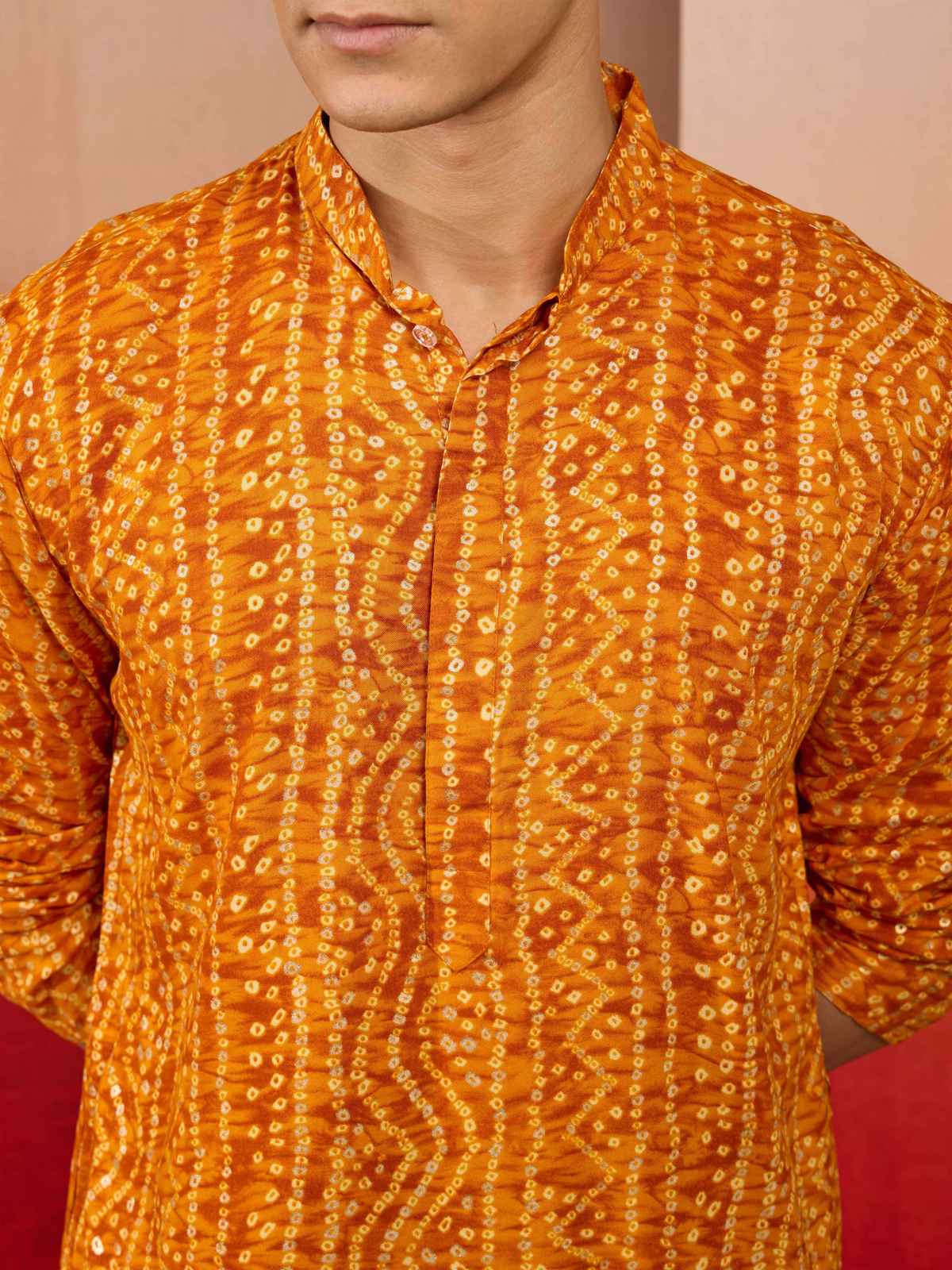 Vastramay Men's Mustard Bandhani Rayon Kurta | S