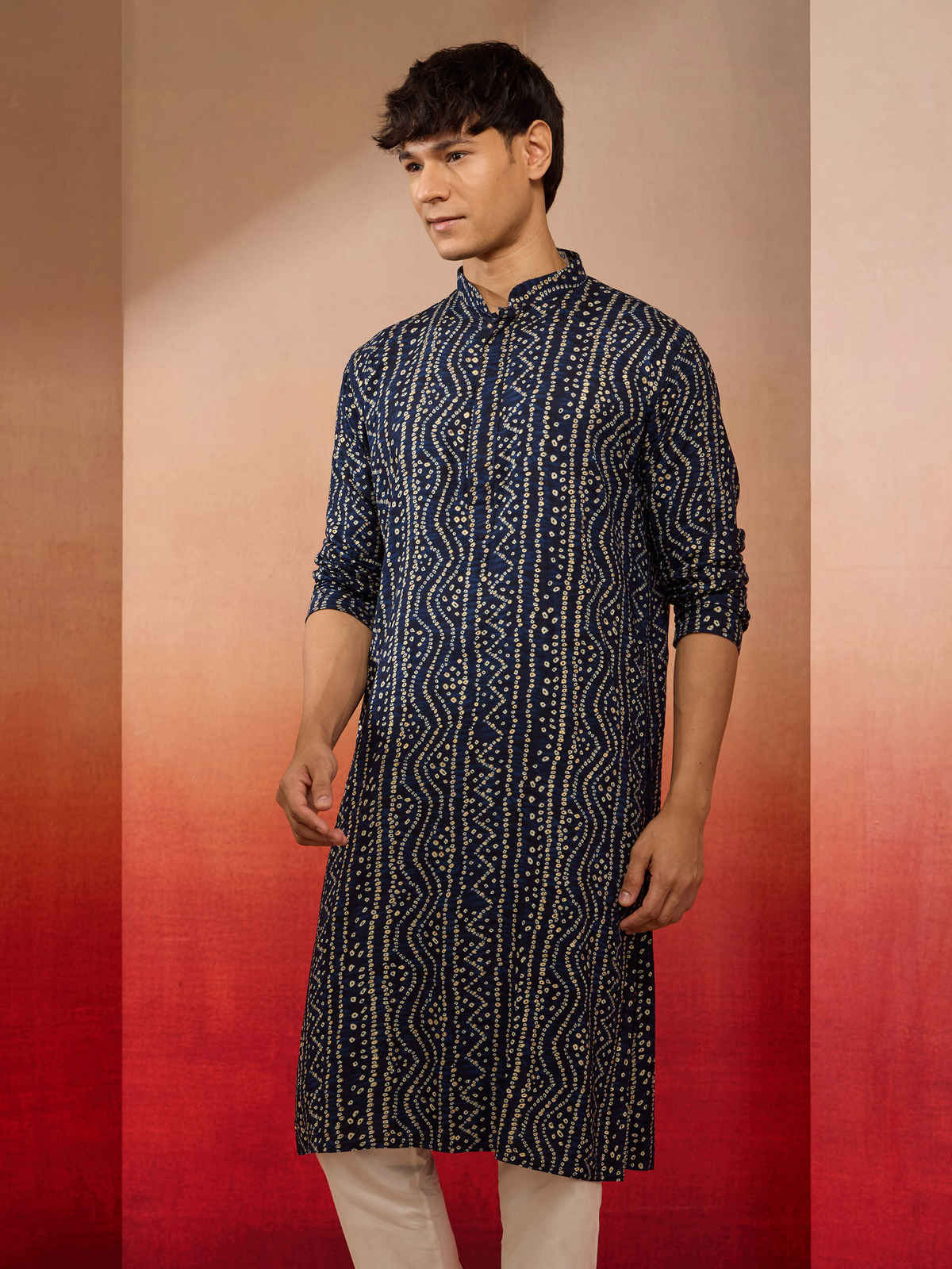 Vastramay Men's Navy Blue Bandhani Rayon Kurta | S